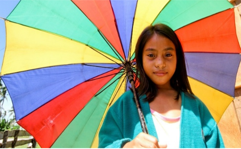 a girl standing under an umbrella