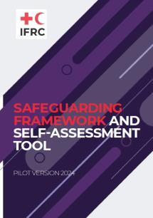 Image of front cover of IFRC Safeguarding Framework and its accompanying self assessment tool for National Societies, purple background, with IFRC logo in top left corner