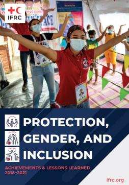 Cover of the report, with Red Cross Staff supporting a child-friendly space