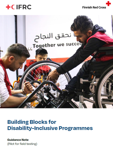 The cover of the Building Blocks guidance note - three persons, two with visible disabilities, working on repairing a bicylcle